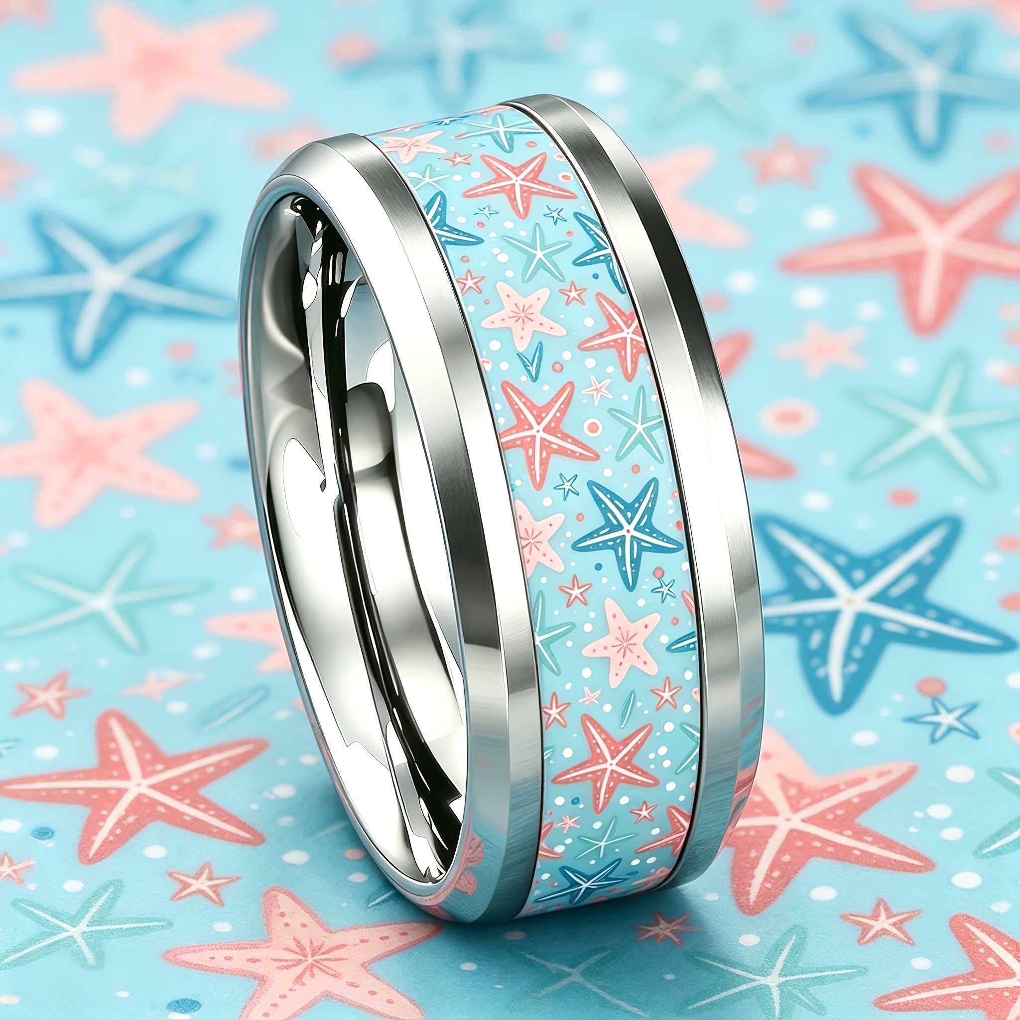 Macaron-Colored Starfish 304 Stainless Steel Ring, 8mm